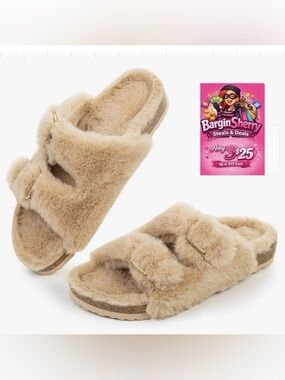 Fuzzy Cozy Tan Furry Women's lounge Slipper Slides